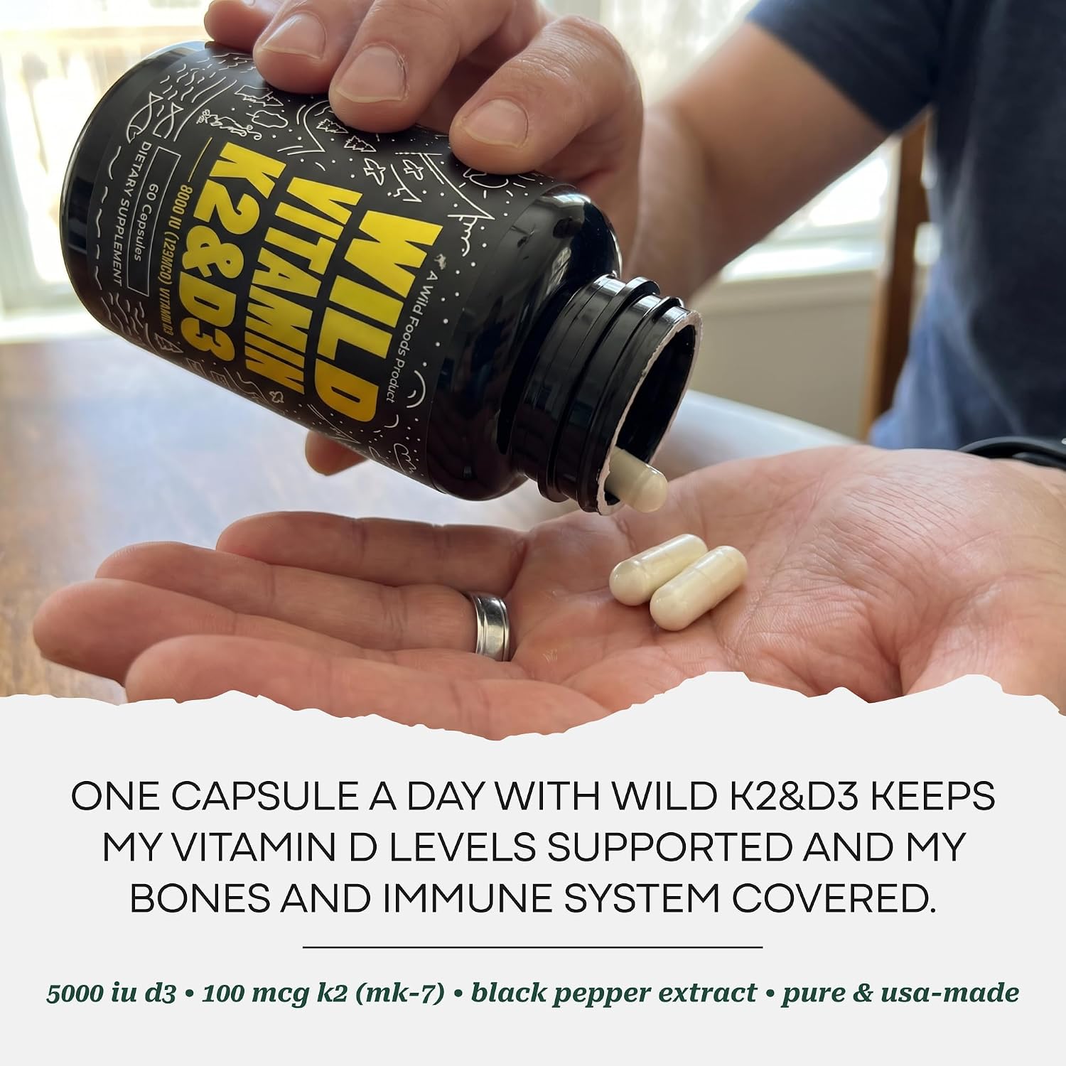 Wild Foods 5000 IU Vitamin D3 + K2 (100mcg Mk7) with Black Pepper Extract, Plant-Based, Non-GM, Soy- & Gluten free, 60 Capsules - görsel 5