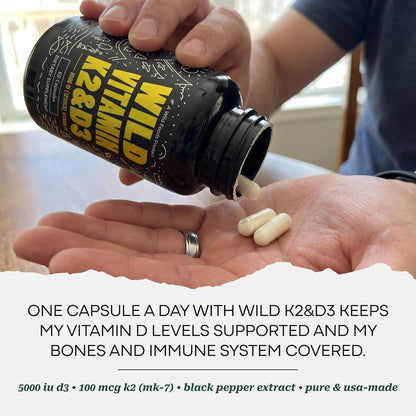 Wild Foods 5000 IU Vitamin D3 + K2 (100mcg Mk7) with Black Pepper Extract, Plant-Based, Non-GM, Soy- & Gluten free, 60 Capsules