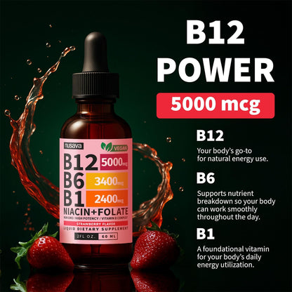 NUSAVA Vitamin B12 Liquid Drops 5000mcg - B-Complex with B6 and B1 - Sublingual Methylcobalamin, Vegan, Non-GM, Strawberry – Image 5