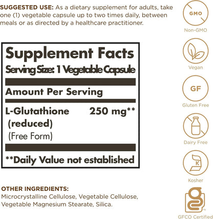 Solgar Reduced L-Glutathione 250 mg - 60 Vegetable Capsules - Antioxidant Support - Non-GM, Vegan, Gluten free, Dairy-free, Kosher - 60 servings
