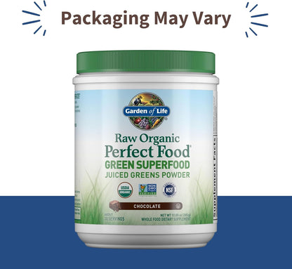 Garden of Life Raw Organic Perfect Food Green Superfood Juiced Greens Powder - Chocolate, 30 Servings - Non-GM, Gluten free, Vegan Wholefood Dietary Supplement, Plus Probiotics & Enzymes