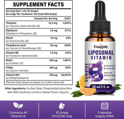 Liposomal Vitamin B Complex Liquid with Methylated B12, B1, B2, B3, B5, B6, Folate, Biotin - Energy & Immune Support, 240 mL