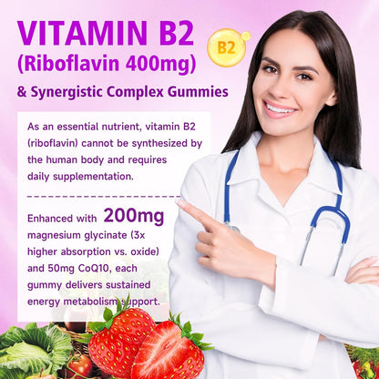 Vitamin B2 Gummies - Riboflavin 400 mg with Magnesium & CoQ10 - Strawberry Flavour, 60 Gummies – Image 4