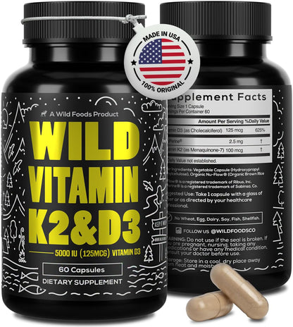 Wild Foods 5000 IU Vitamin D3 + K2 (100mcg Mk7) with Black Pepper Extract, Plant-Based, Non-GM, Soy- & Gluten free, 60 Capsules
