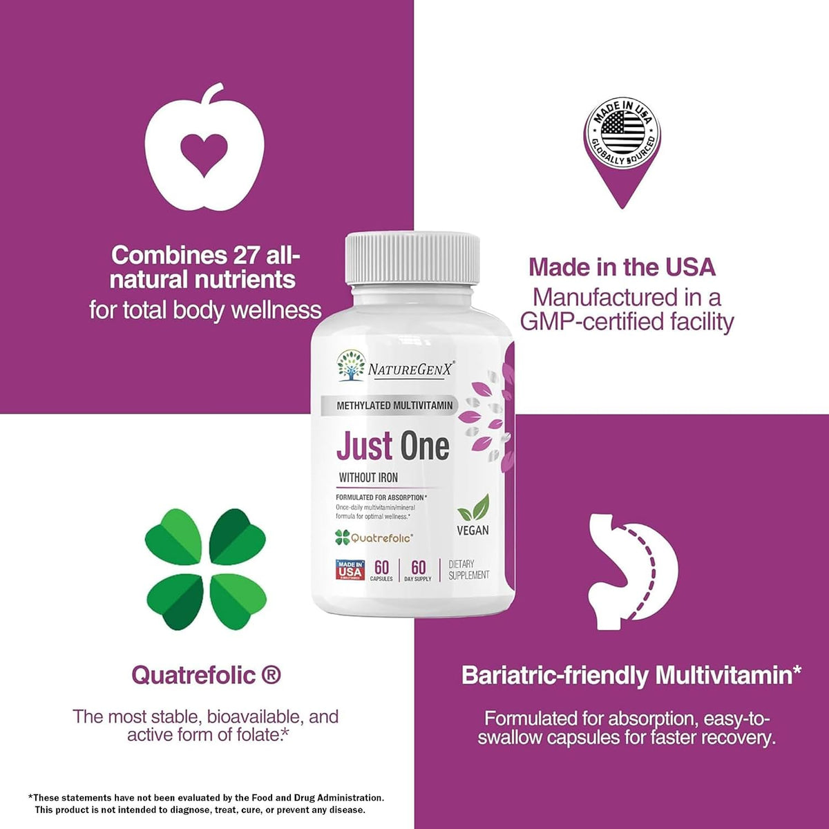 NatureGenX Just One Daily Methylated Multivitamin - Iron-Free, Methyl B12 & Quatrefolic Methylfolate, 120 Vegan Capsules – Image 8