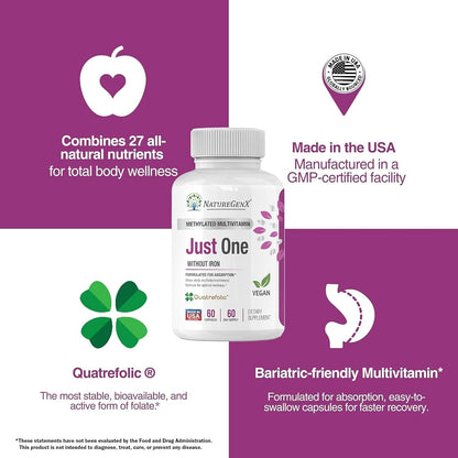 NatureGenX Just One Daily Methylated Multivitamin - Iron-Free, Methyl B12 & Quatrefolic Methylfolate, 120 Vegan Capsules – Image 8