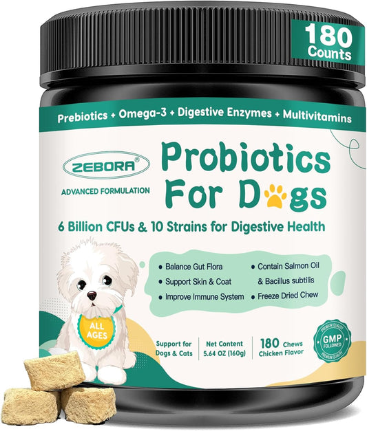 ZEBORA Probiotics for Dogs – 180 Freeze-Dried Chews with 6 Billion CFUs, Digestive Enzymes, Prebiotics, Omega-3 & 6 and – Image 1