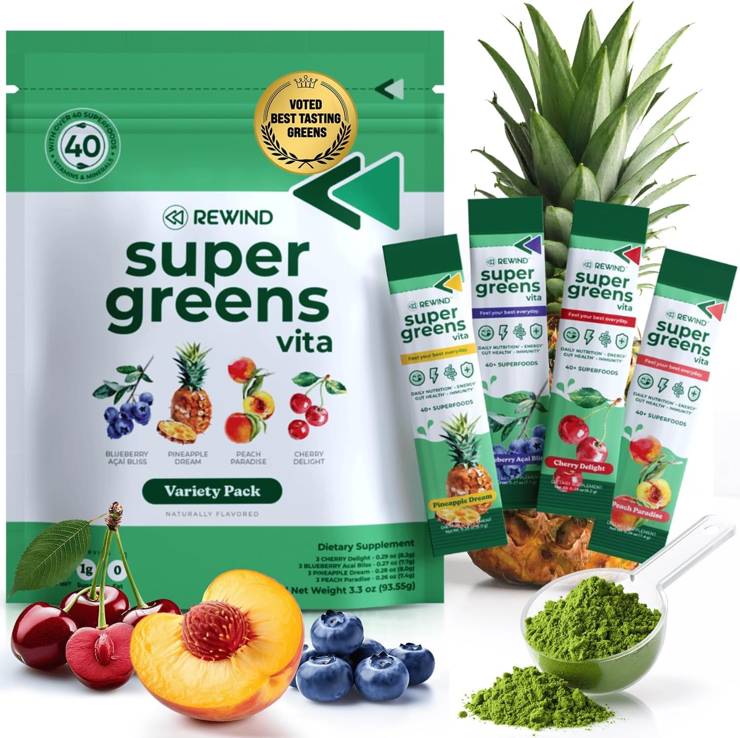 Rewind Best Tasting Super Greens Powder – Peach Flavour (40+ Superfoods, Vitamins & Minerals) - görsel 8