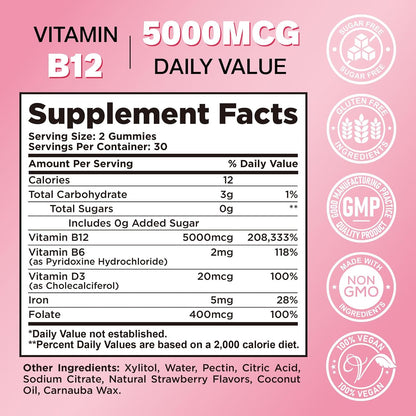 CFILIHTC Vitamin B12 Gummies – 5000mcg – With vitamin B6, D3, iron, and folate for enhanced metabolic and immune – Image 2