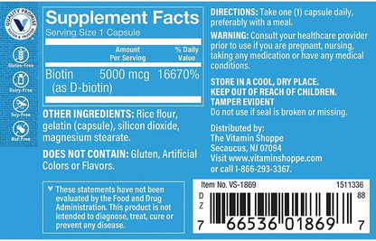 The Vitamin Shoppe Biotin 5,000mcg – Hair Strength, Skin Health & Nail Support, High Potency B Vitamin (120 Capsules)