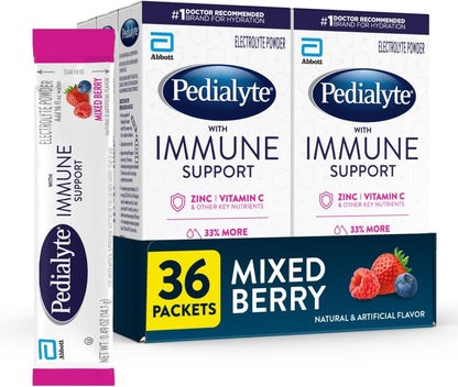 Pedialyte with Immune Support, Electrolyte Drink Powder Variety Pack (Fruit Punch & Mixed Berry) - 24 Powder Packets