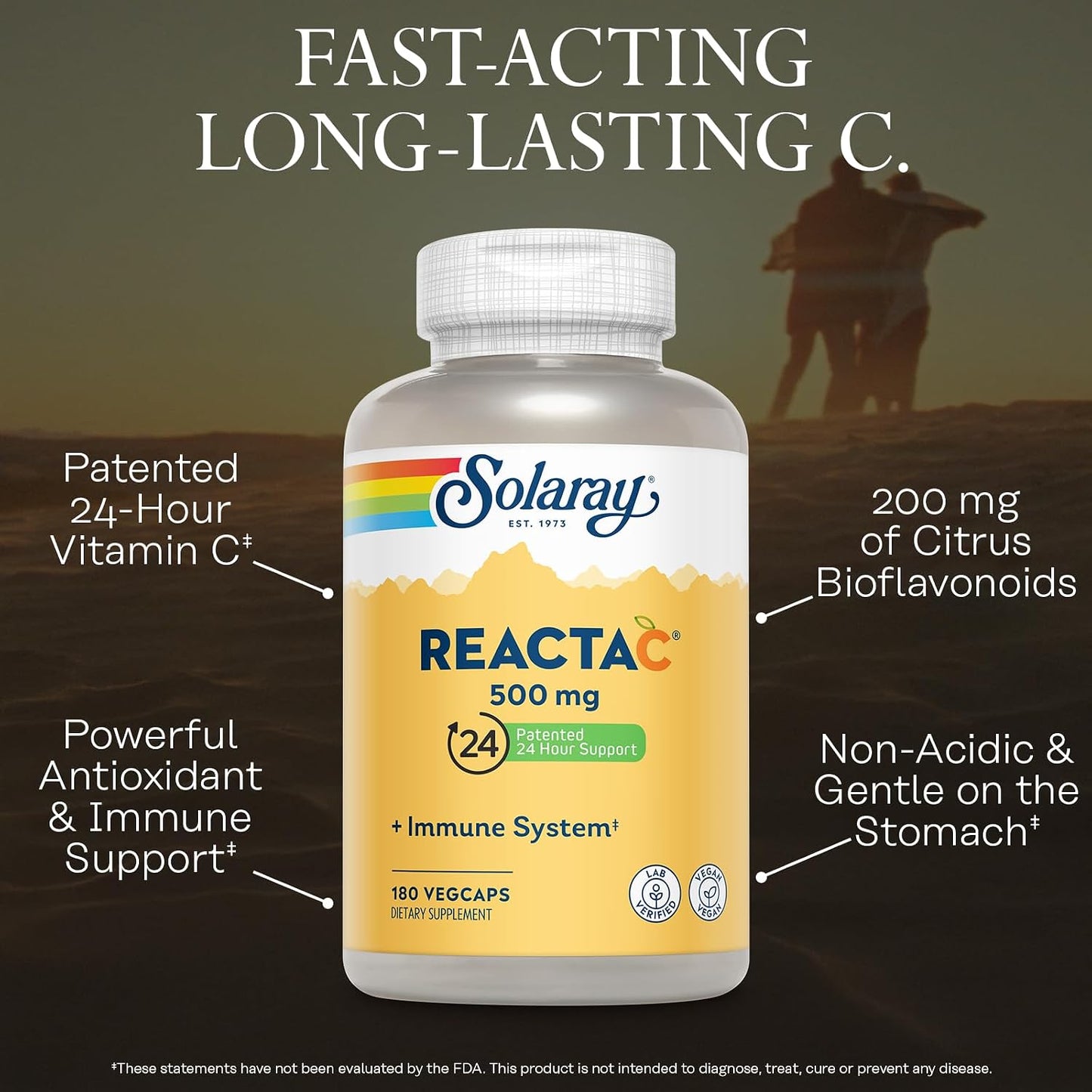 SOLARAY ReactaC Vitamin C 500mg - Patented 24-Hour Immune Support with Bioflavonoids and Rutin - Vegan, 180 Capsules - görsel 3