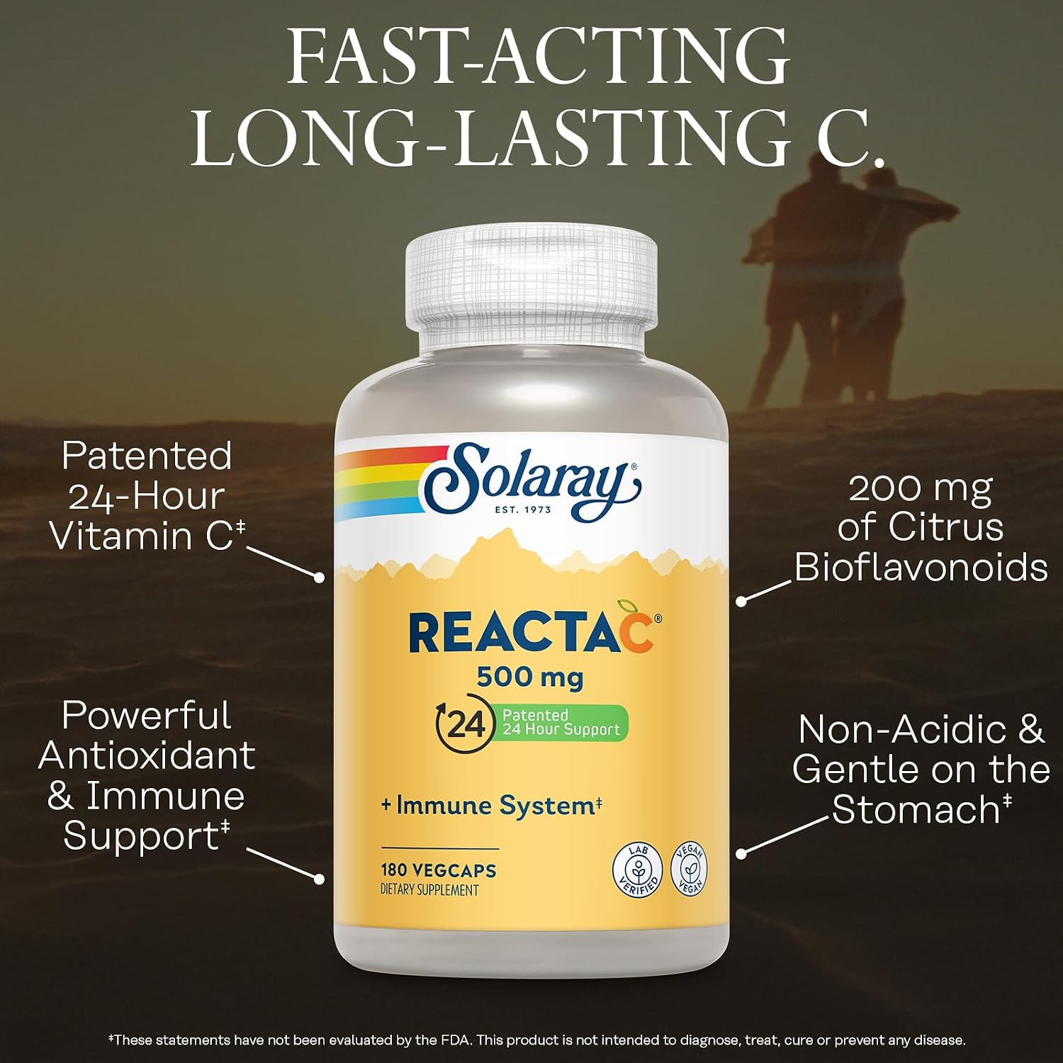 SOLARAY ReactaC Vitamin C 500mg - Patented 24-Hour Immune Support with Bioflavonoids and Rutin - Vegan, 180 Capsules - görsel 3