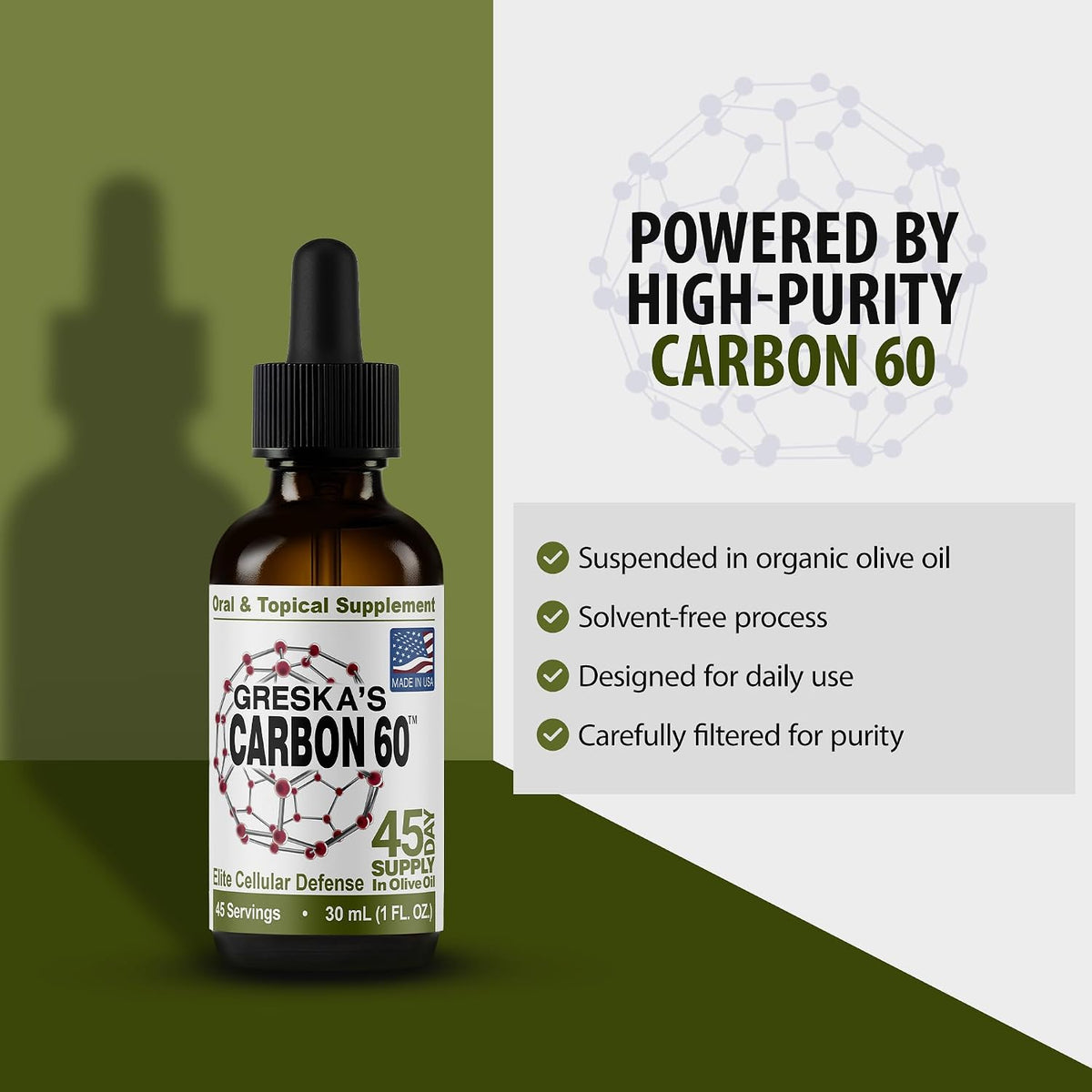 Greska's C60 in Organic Olive Oil - 45 Day – Cellular Support: C60 helps protect cells from oxidative damage, – Image 3