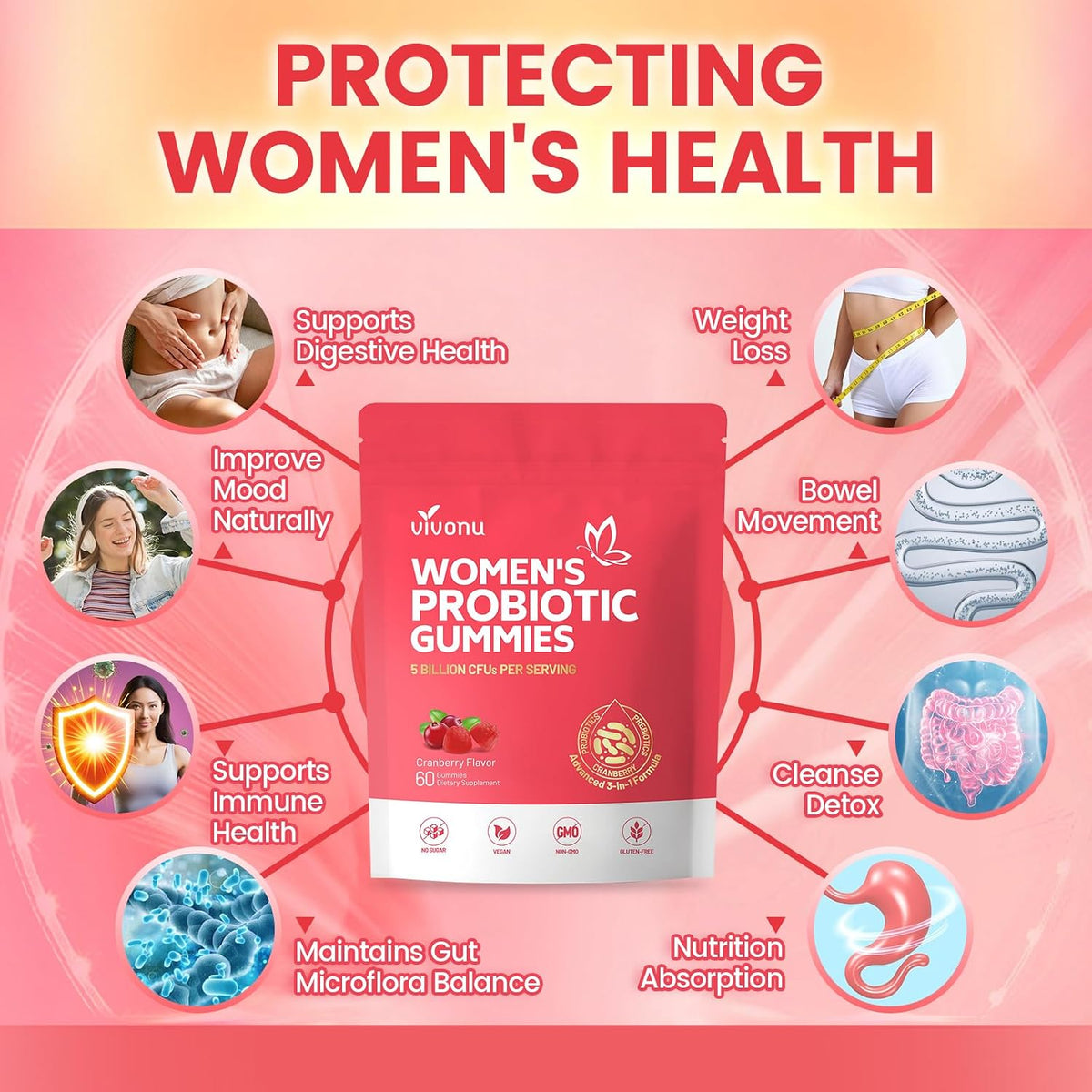 VivoNu Women's's Probiotic Gummies - Feminine Balance Support with Cranberry, 60 Count – Image 2