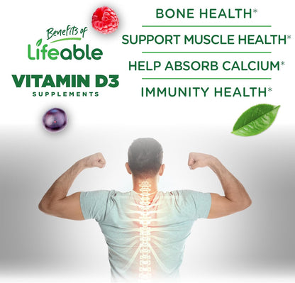 Lifeable Sugar Free Vitamin D 5000 IU - Strawberry Flavour Gummies for Immune and Bone Health - 90 Count