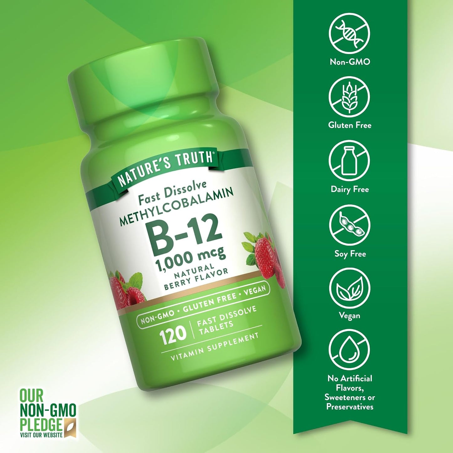 Nature's Truth B12 Vitamin Sublingual Tablets, 1000 mcg, 120 Count - Vegan, Non-GM & Gluten free - görsel 3