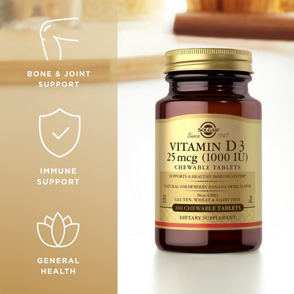 Solgar Vitamin D3 (Cholecalciferol) 25 mcg (1000 IU) Chewable Tablets, Natural Strawberry Banana – 100 Count