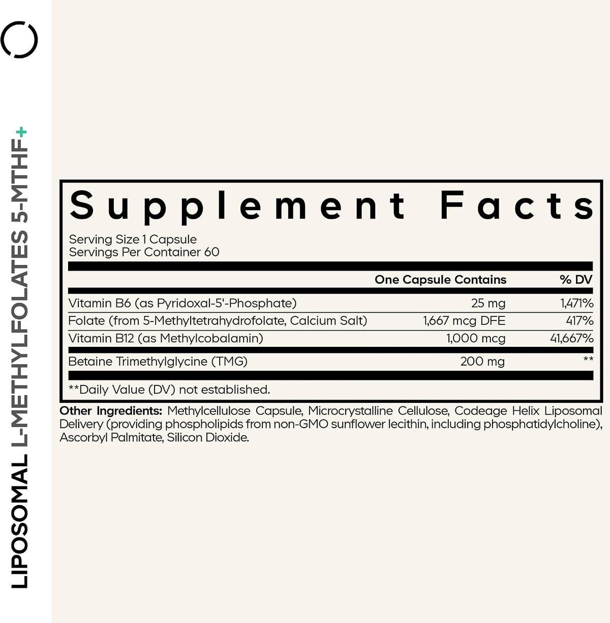 Codeage Liposomal L-Methylfolate 5-MTHF+ - Active Vitamin B9, Methylcobalamin B12, Betaine TMG, B6-2-Month Supply – Image 2