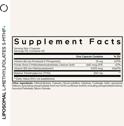 Codeage Liposomal L-Methylfolate 5-MTHF+ - Active Vitamin B9, Methylcobalamin B12, Betaine TMG, B6-2-Month Supply – Image 2