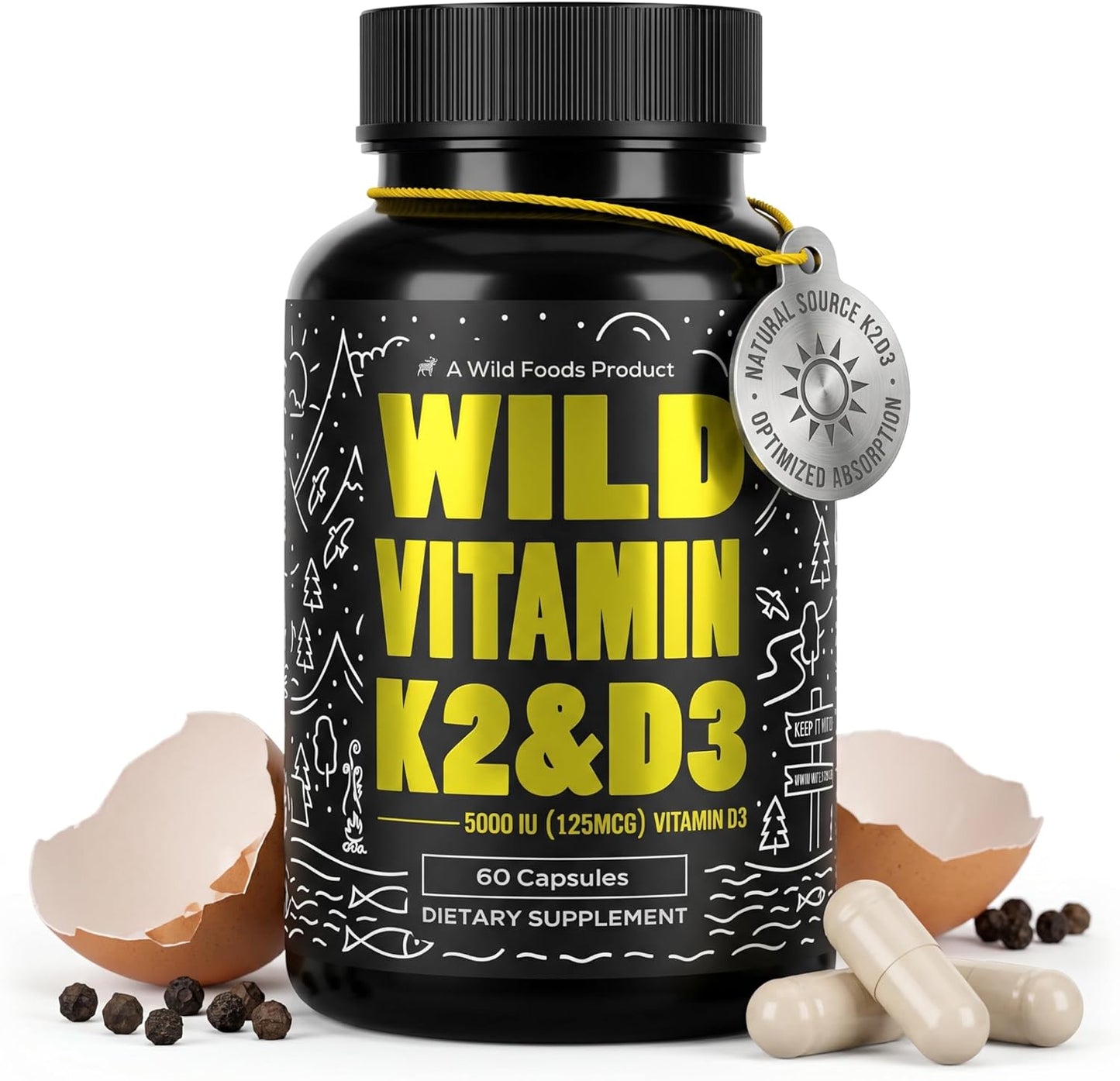 Wild Foods 5000 IU Vitamin D3 + K2 (100mcg Mk7) with Black Pepper Extract, Plant-Based, Non-GM, Soy- & Gluten free, 60 Capsules - görsel 1