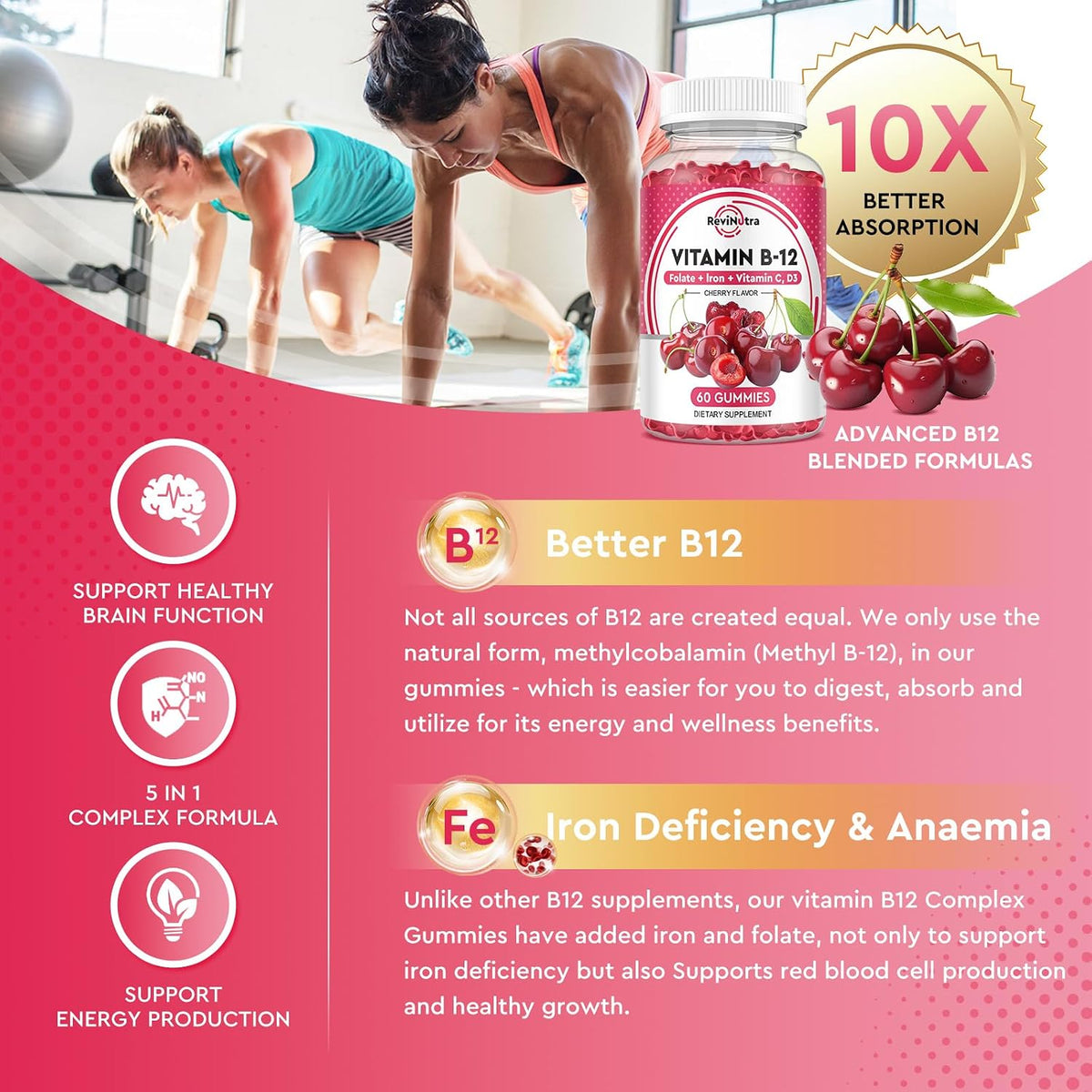 ReviNutra Vitamin B12 Gummies - 5000 mcg – Delicious natural cherry flavour – Image 4