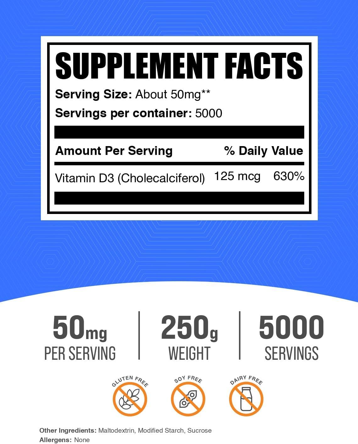 BulkSupplements.com Vitamin D3 Powder - Cholecalciferol, 5000 IU per Serve, Gluten free, 250g (8.8 oz) - görsel 2