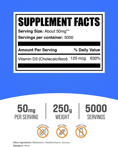 BulkSupplements.com Vitamin D3 Powder - Cholecalciferol, 5000 IU per Serve, Gluten free, 250g (8.8 oz)
