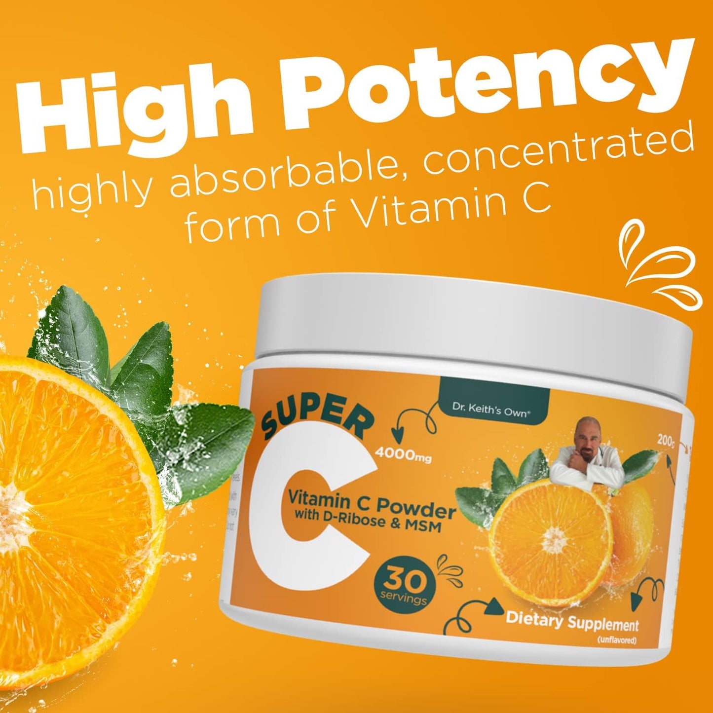 Dr. Keith's Own Super C - High Dose Powdered Vitamin C 4000mg with D-Ribose, Glycine, MSM - Unflavoured, 200 Grams (30 Servings) - görsel 2