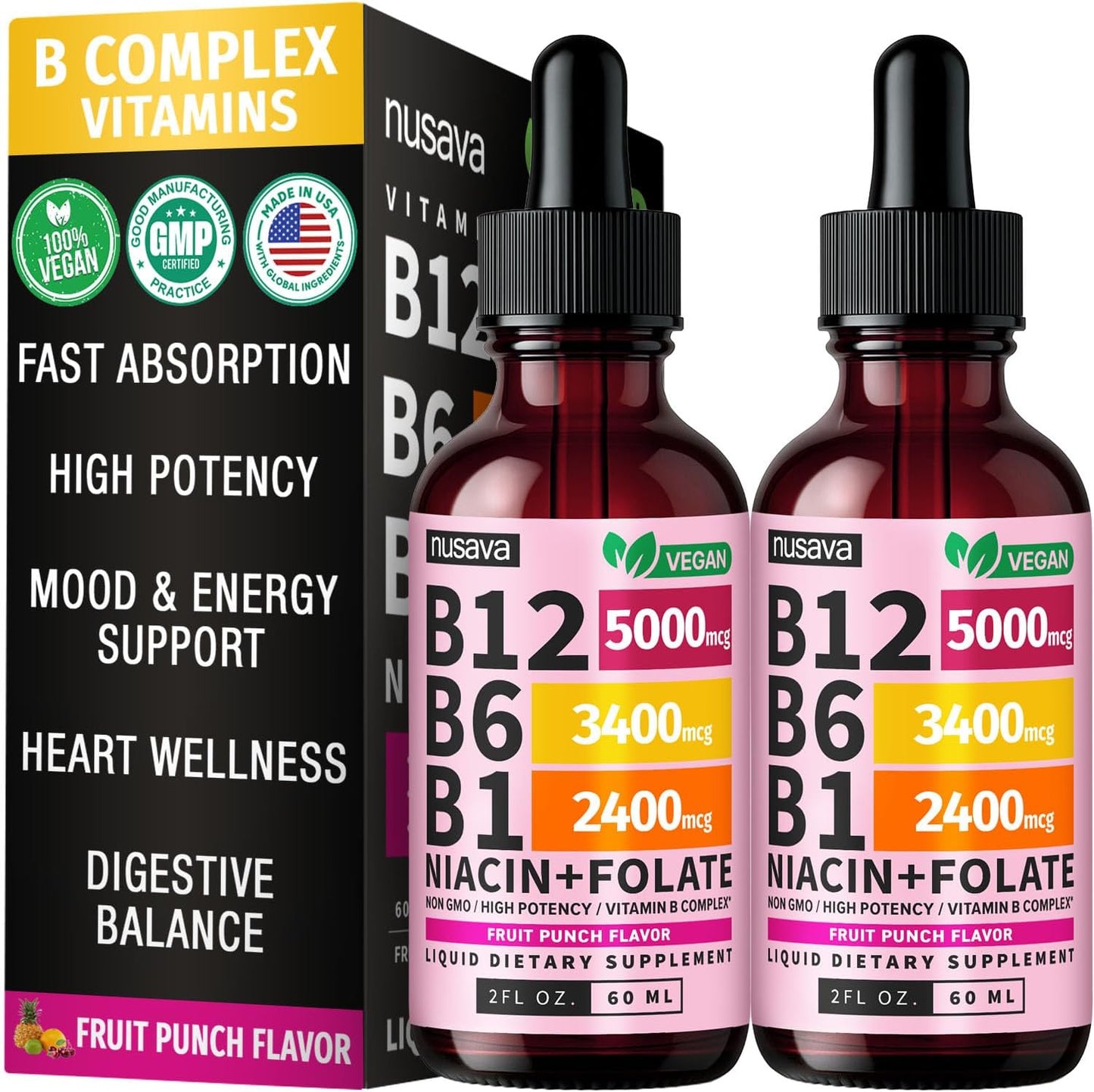NUSAVA (2 Pack) Vitamin B12 Liquid Drops with B6, B1, Niacin & Folate — B12 Sublingual Vitamin B Complex, Methylcobalamin 5000 mcg, for Energy, Brain & Heart Support, Raspberry Flavour, 80 Servings - görsel 9