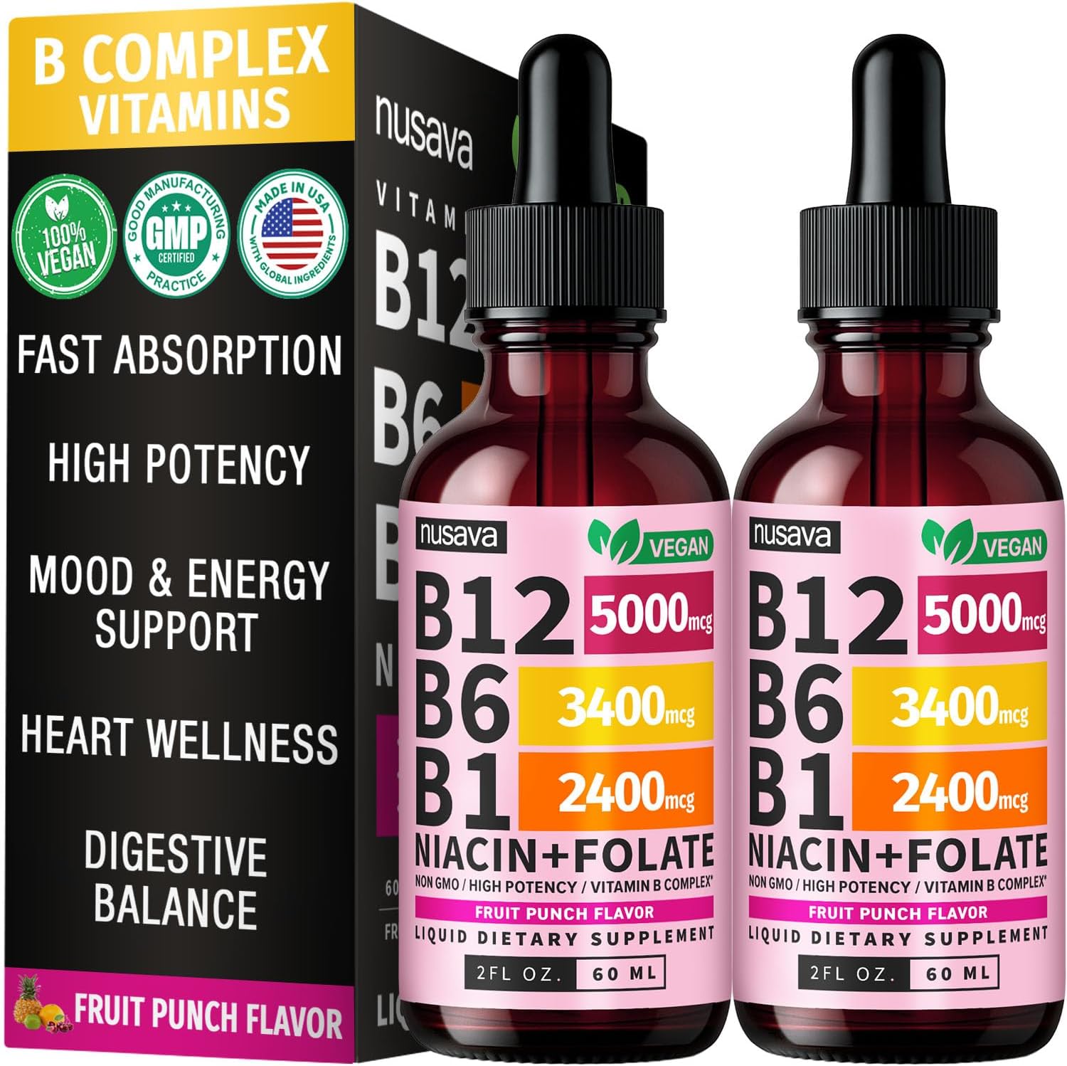 NUSAVA (2 Pack) Vitamin B12 Liquid Drops with B6, B1, Niacin & Folate — B12 Sublingual Vitamin B Complex, Methylcobalamin 5000 mcg, for Energy, Brain & Heart Support, Raspberry Flavour, 80 Servings - görsel 9