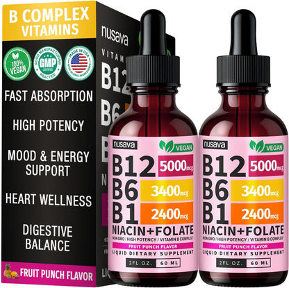 NUSAVA (2 Pack) Vitamin B12 Liquid Drops with B6, B1, Niacin & Folate — B12 Sublingual Vitamin B Complex, Methylcobalamin 5000 mcg, for Energy, Brain & Heart Support, Raspberry Flavour, 80 Servings