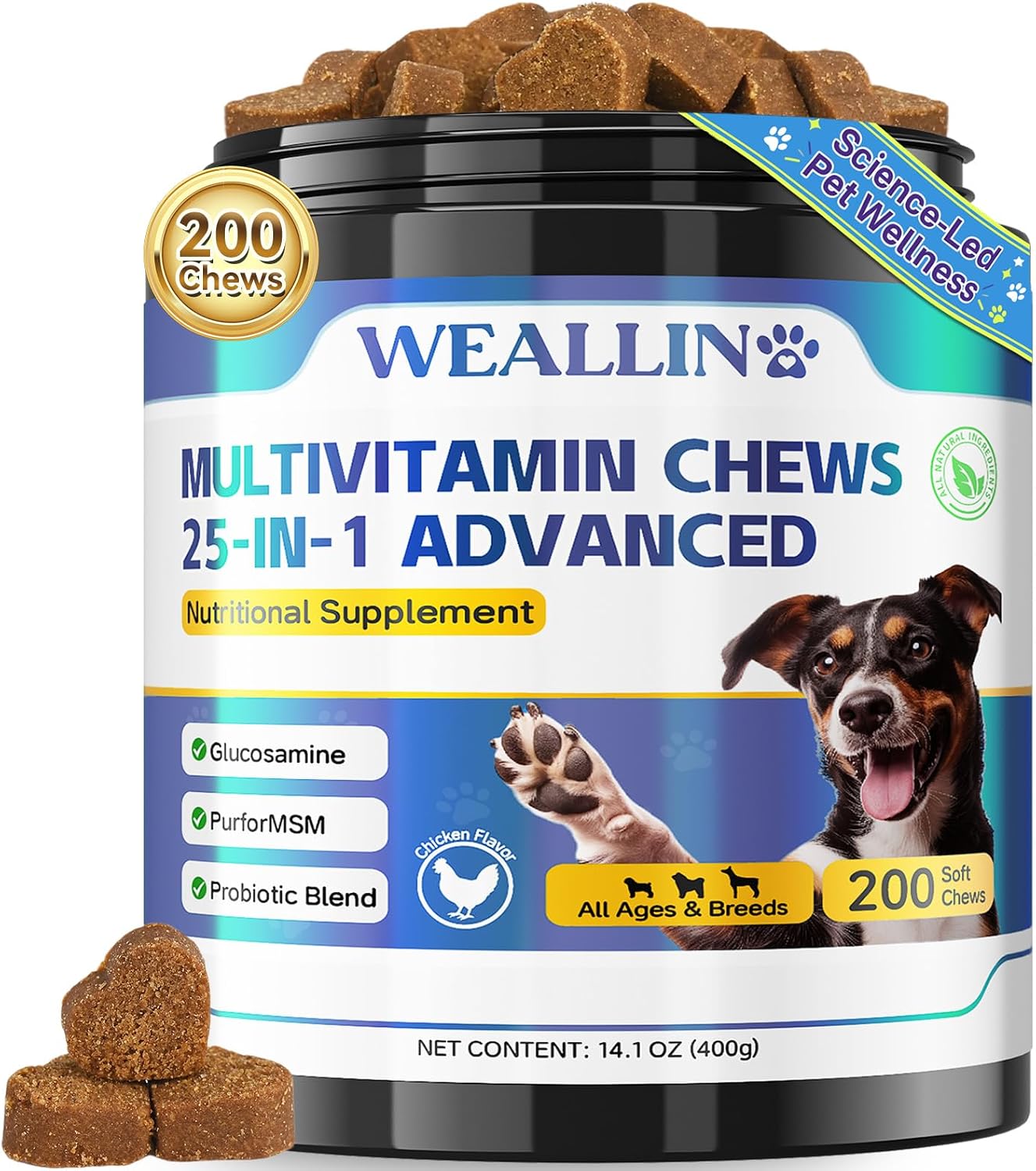 WEALLIN 25-in-1 Dog Multivitamin Chewable - Glucosamine, Probiotics, Omega-3 for Coat, Joints, Digestion & Immunity (200 Chews) - görsel 1