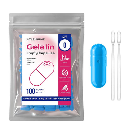 ATLEMISME Empty Gelatine Capsules Size 0 - Clear Empty Capsules 500 Count - Kosher and Halal Pure Gelatine Capsules - DIY Powder Filling