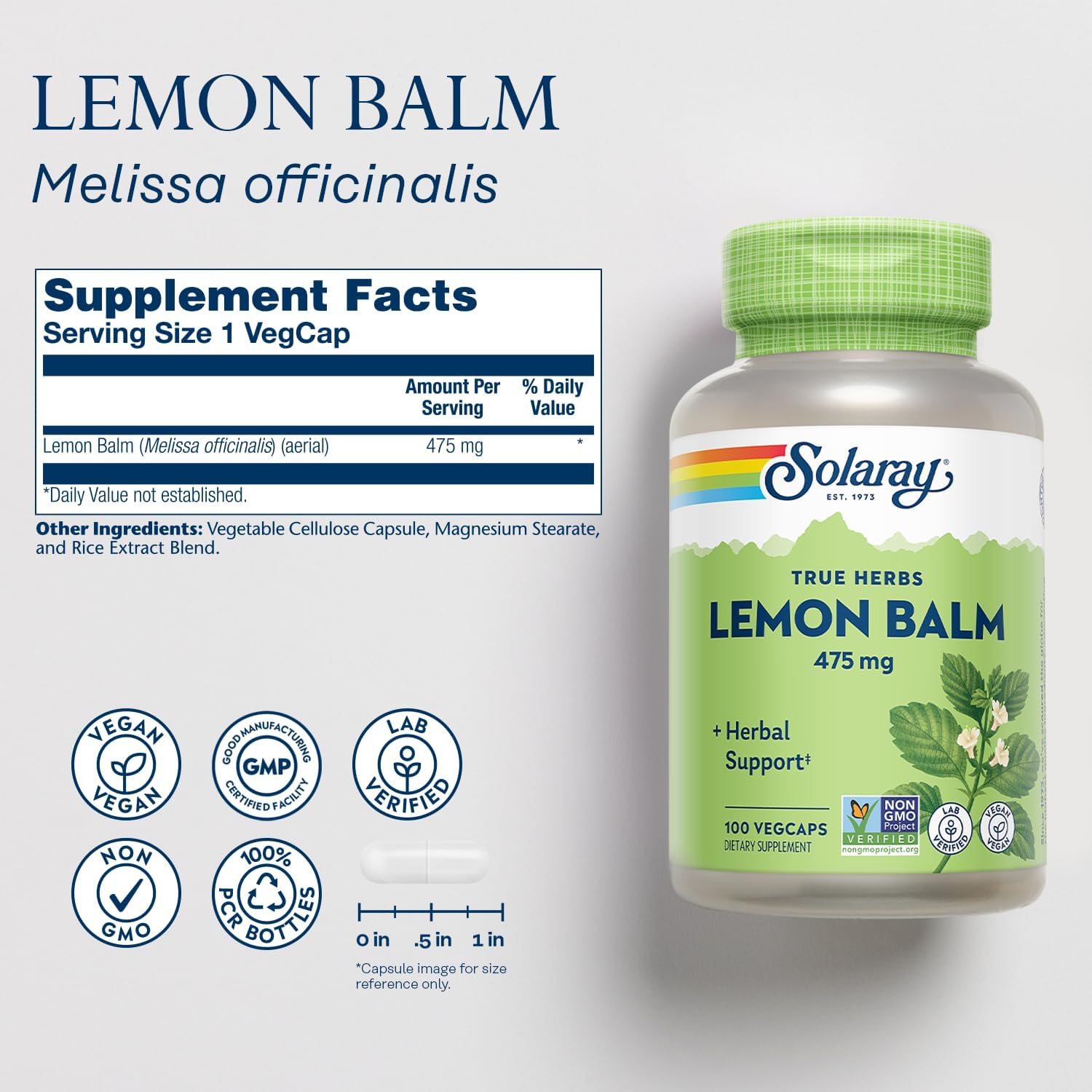 Solaray Lemon Balm 475 mg - 100 Vegan Capsules - görsel 2