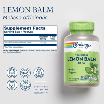 Solaray Lemon Balm 475 mg - 100 Vegan Capsules