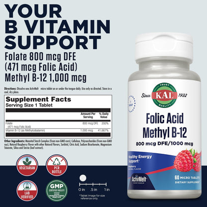 Kal 800 mcg Folic Acid with Methyl B-12 Tablets, Raspberry Flavour, 60 Count