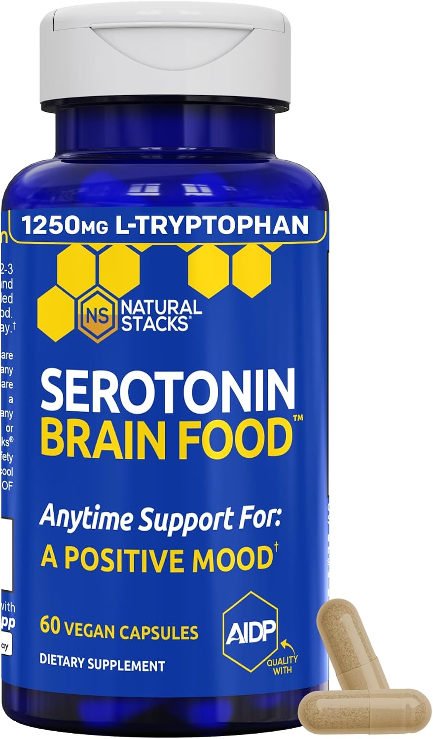 Serotonin Brain Food - 1250mg L-Tryptophan & 400mg Rhodiola Rosea Supplement - Mood Support with Magnesium Glycinate & Zinc - 60 Capsules - görsel 1
