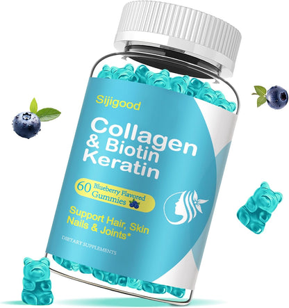 2 Pack Biotin Gummies with Collagen, Keratin, Hyaluronic Acid, Vitamin for Skin, Hair Growth, Nails, Women Men Adults Kids - Blueberry Flavoured, 120 Gummies