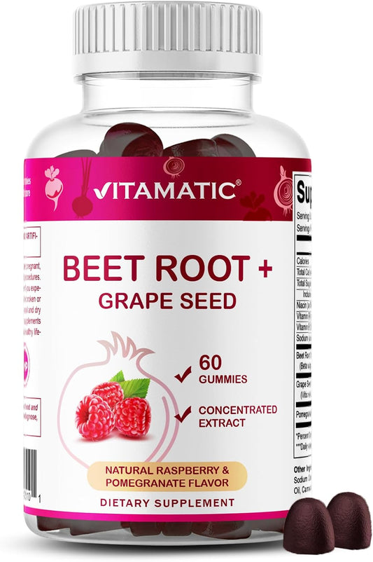 Vitamatic Beetroot Gummies with B6, B12, Grape Seed, Pomegranate & Nicotinamide - Vegan, Non-GM, 60 Count – Image 1
