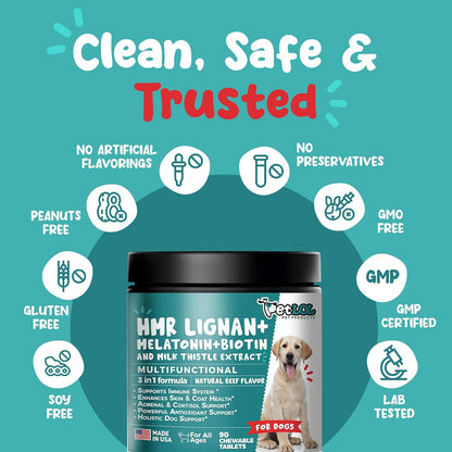 HMR Lignan + Melatonin + Biotin + Milk Thistle for Dogs | 4-in-1 Formula | 90 Chewable Tablets | Natural Beef Flavour