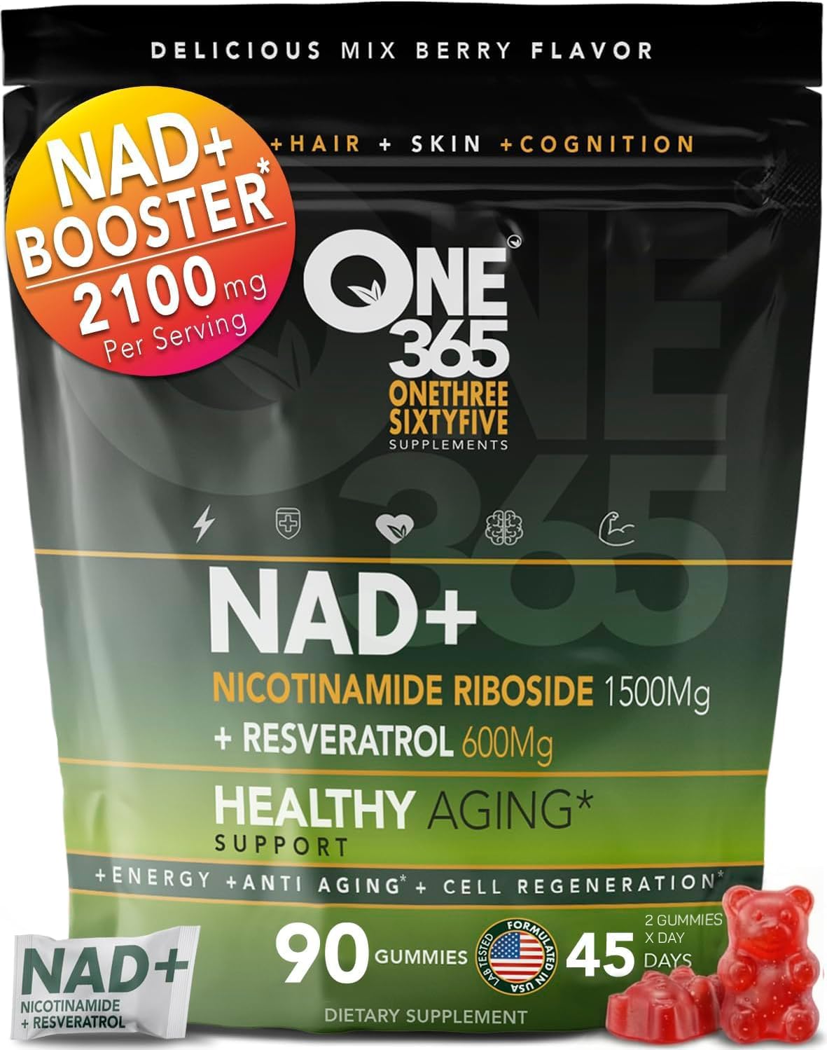 ONE 365 NAD+ Supplement Gummies Nicotinamide Riboside Resveratrol Cellular Energy Healthy Ageing Support Antioxidant NAD – Image 1