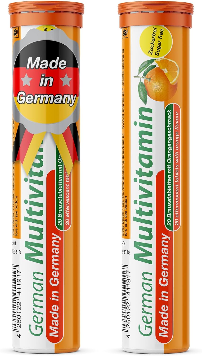 T&D German Multivitamin 10 Vitamins - 40 Vegan Drink Effervescent Tablets - Orange Flavour - Made in Germany - görsel 1
