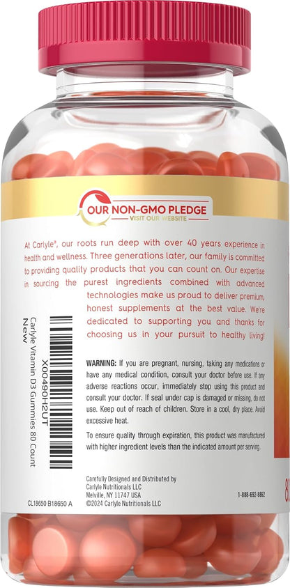 Carlyle Vitamin D3 10000 IU Gummies for Adults - 80 Count, Peach Flavoured, High Potency, Vegetarian, Non-GM, Gluten Free