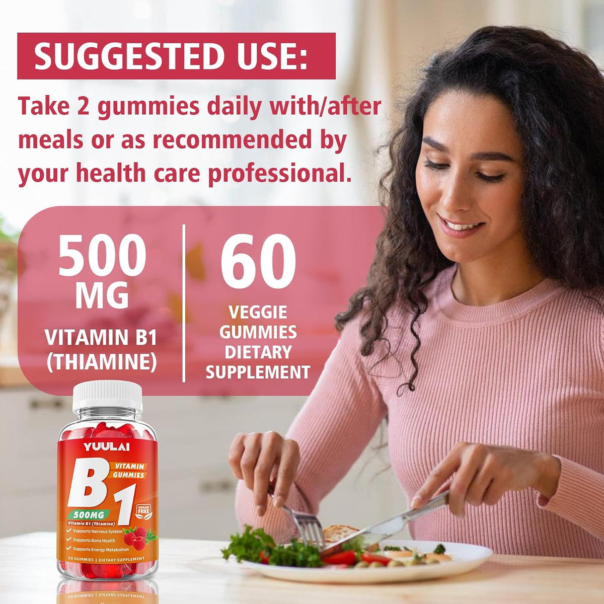 Pack of 2 Vitamin B1 Gummies 500mg for Adults & Kids, Thiamine B1 Supplement with Magnesium, Vitamin B1 Supplement for – Image 7