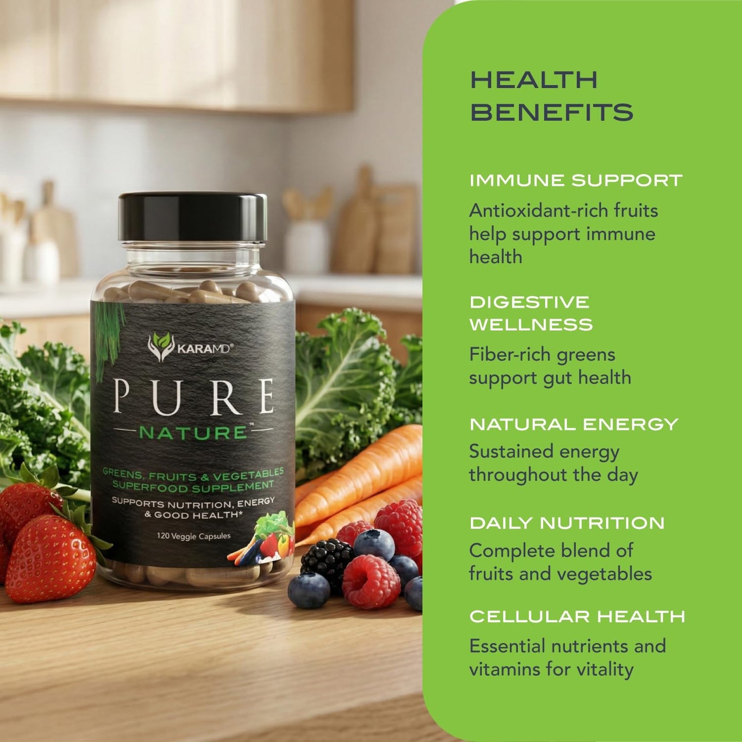 KaraMD Pure Nature | Greens, Fruit and Veggies Supplement | Wholefood Multivitamin & Antioxidants | 20 Fruits and Vegetables Supplements for Energy & Digestion | Gluten free & Vegan Friendly (4-pack) - görsel 4