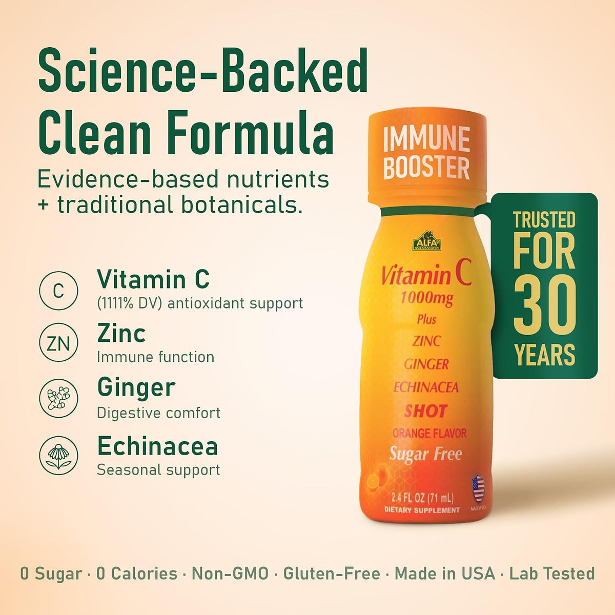 ALFA VITAMINS Vitamin C Shot 1000mg with Zinc, Ginger & Echinacea – Orange Flavour, 71 ml (40 Pack) – Image 2