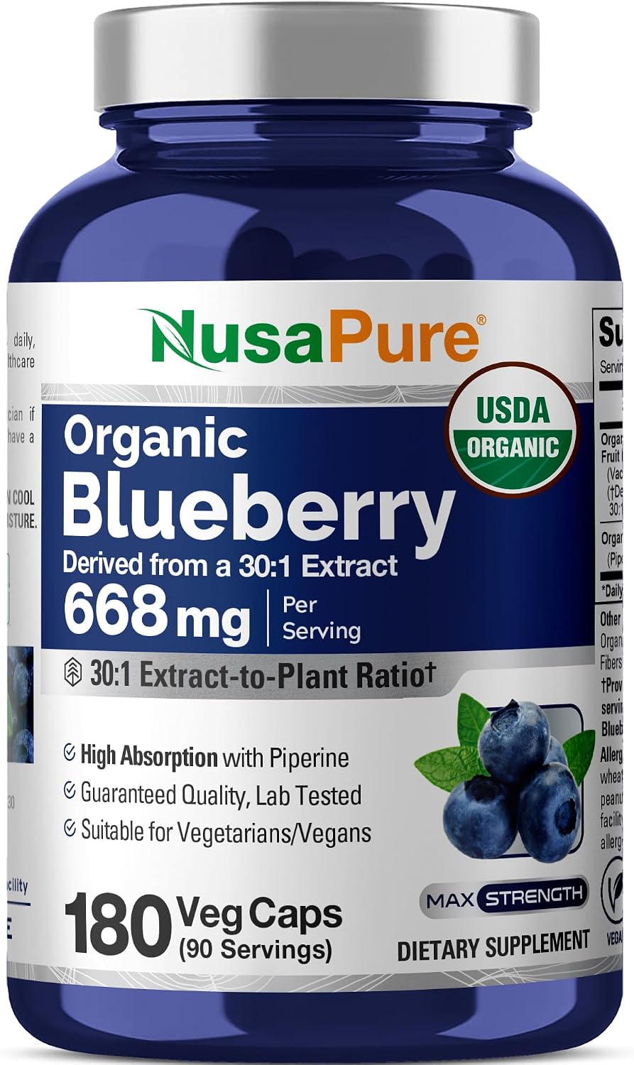 NusaPure Organic Blueberry Capsules, 668 mg, 180 Vegan Capsules - görsel 1