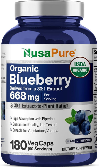 NusaPure Organic Blueberry Capsules, 668 mg, 180 Vegan Capsules