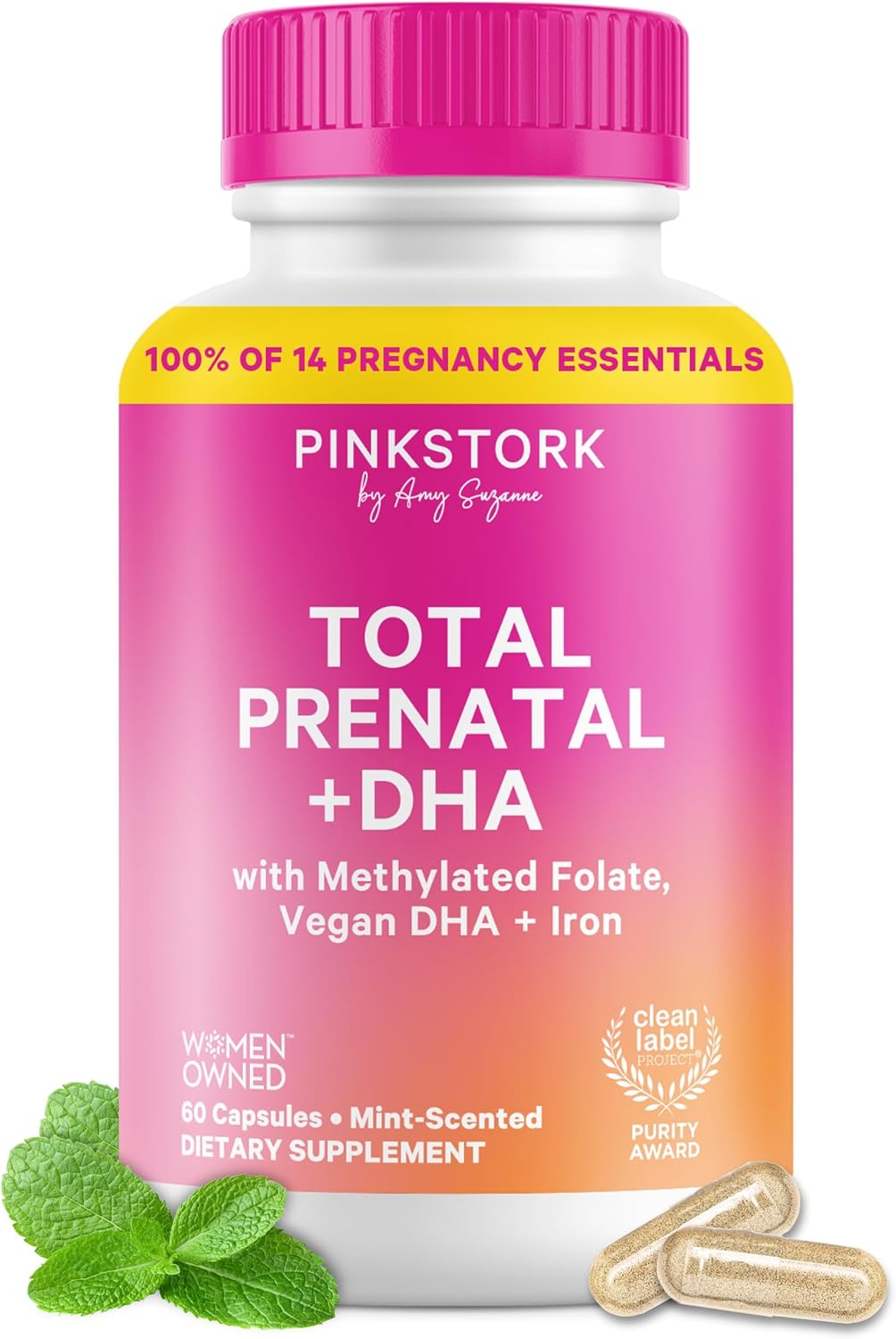 Pink Stork Total Prenatal Vitamins - 60 Count, Mint - Vegan DHA, Methylfolate, Iron, Choline - görsel 1